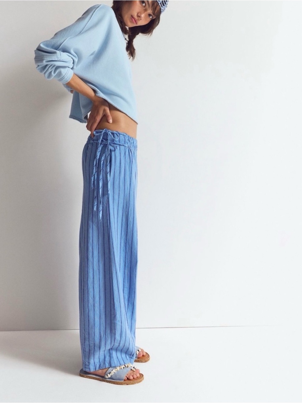 NWT free people Sun Dazed Cotton Linen Striped Pants M Cobalt Waist Ties - Picture 8 of 8
